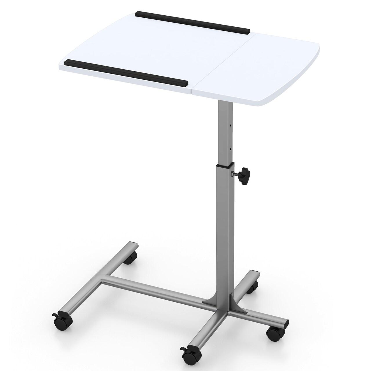 White Adjustable Height Laptop Desk Cart with Tilt Top and Lockable Casters for Work or Study
